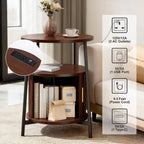 DHH Round End Tables with Charging Station, Fluted Accent Side Table with Sliding Door, Mid-Century Modern Nightstand for Small Space Storage, Living Room, Bedroom,Sofa Couch(1, Walnut)