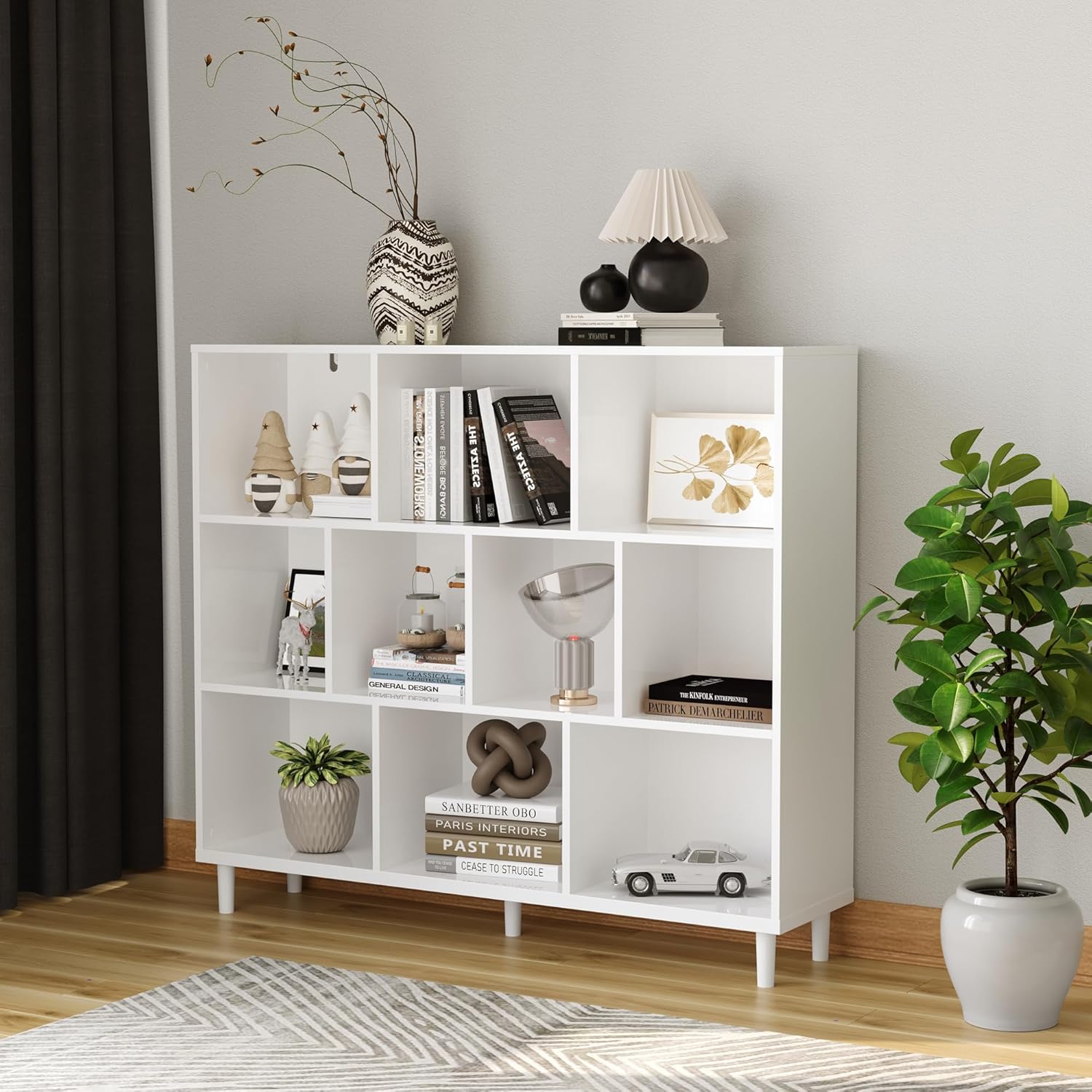 Wood Cube Storage Organizer White Bookshelf - 3-Tier Freestanding Storage Cabinet with Legs for Home Office, 10-Cubes Open Shelf