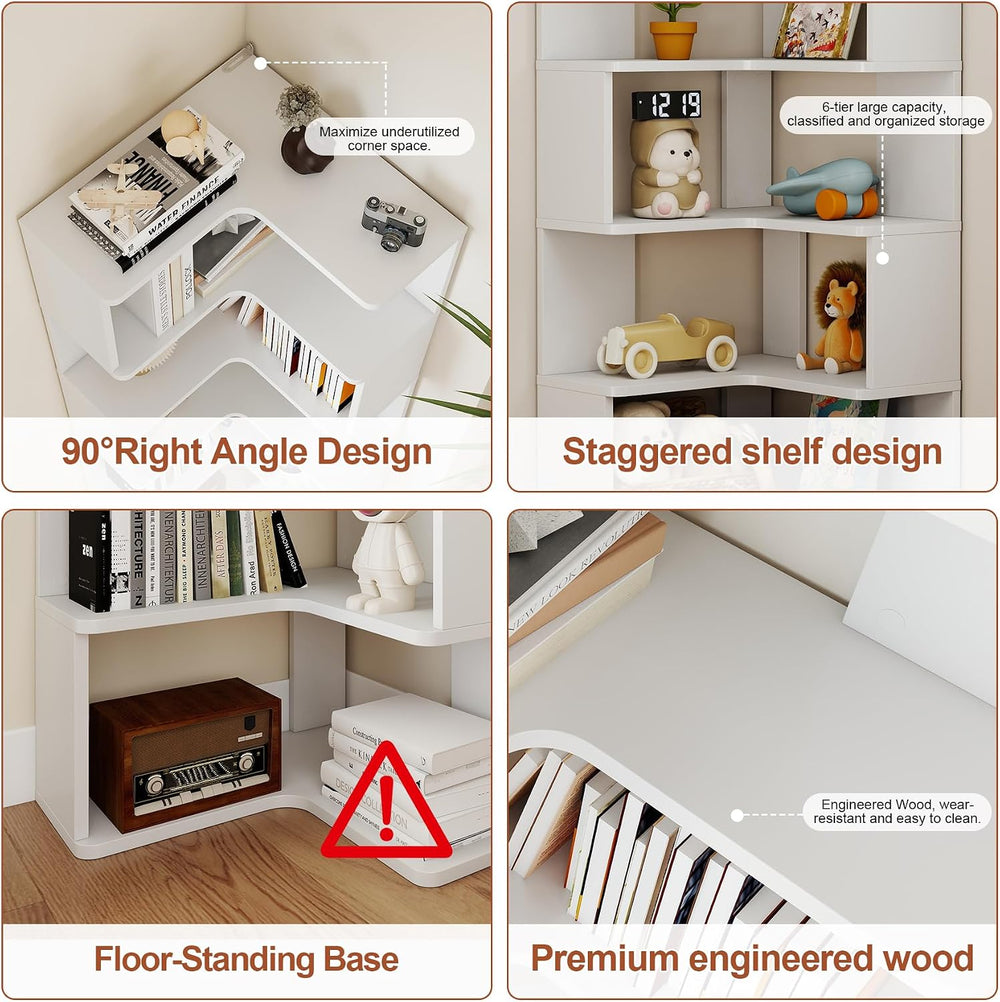 6-Tier Corner Bookshelf, 66" Tall L-Shaped Corner Shelf with Anti-Fall B...