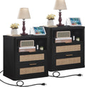LEYAOYAO Rattan Nightstands Set of 2 with Charger Station, 23" Wide Boho Night Stand with 2 Drawers, Black Bedside Table Open Shlef, Bed Side End Table Dresser for Bedroom, Living Room Hallway