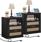 LEYAOYAO Rattan Nightstands Set of 2 with Charger Station, 23" Wide Boho Night Stand with 2 Drawers, Black Bedside Table Open Shlef, Bed Side End Table Dresser for Bedroom, Living Room Hallway