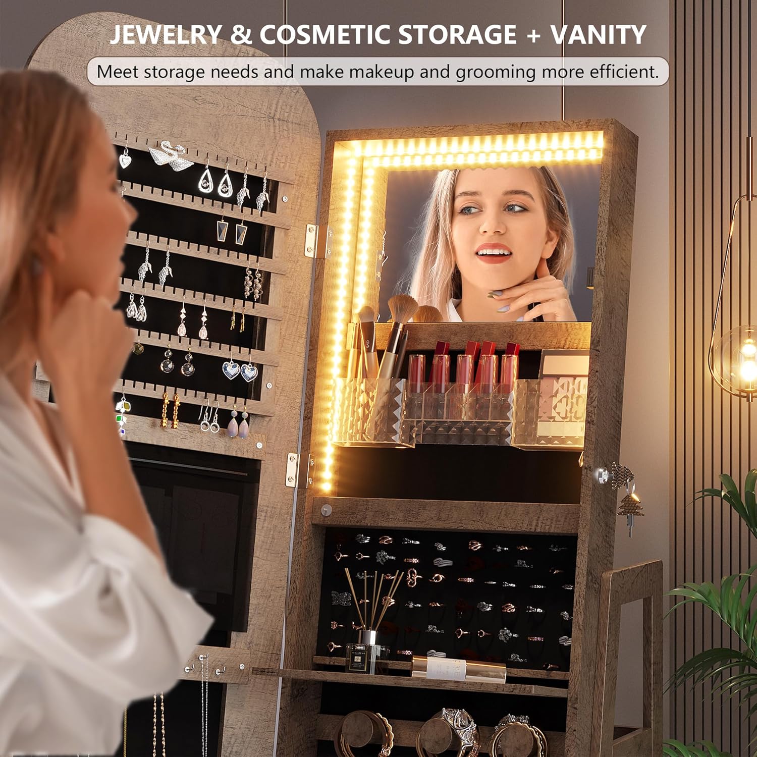 360°Swivel jewelry organizer with Full Length Mirror with Lights,Jewelry Armoires Cabinet Standing with Drawer,Large Mirror Storage for Jewelry and Makeup（Wood）