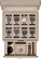 ROTHWELL 8 Slot Leather Watch Box with Valet Drawer - Luxury Case Display Jewelry Organizer, Locking Display Case Holder with Real Glass Top - Watch Box Organizer for Men & Women (Oatmeal)
