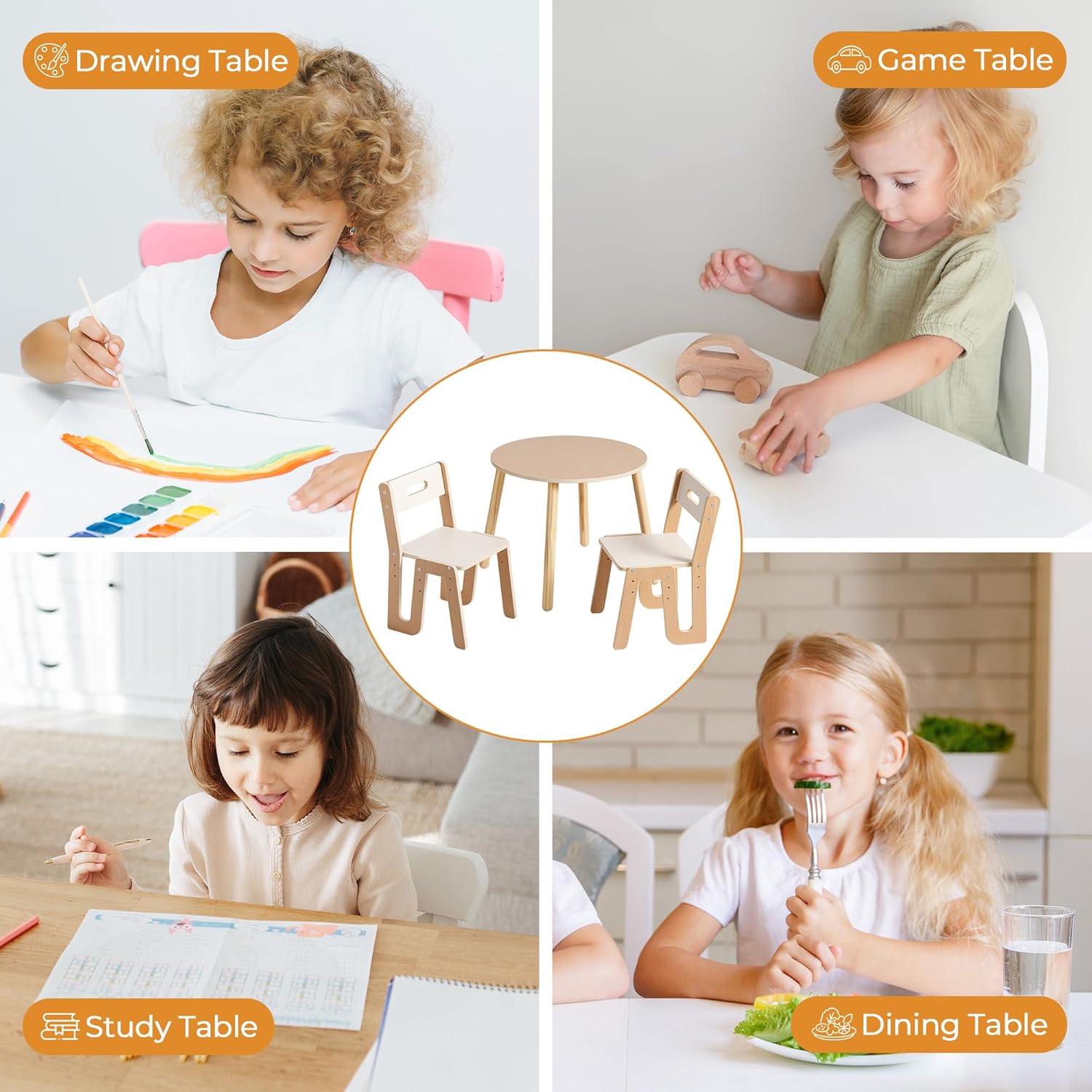 ROBOTIME Wooden Kids Table and Chairs, Adjustable Height Toddler Table and Chair Set, Round Kids Desk and Chair Set for Ages 3+, Sturdy Design, Easy to Clean, Perfect for Study, Playroom & Mealtime