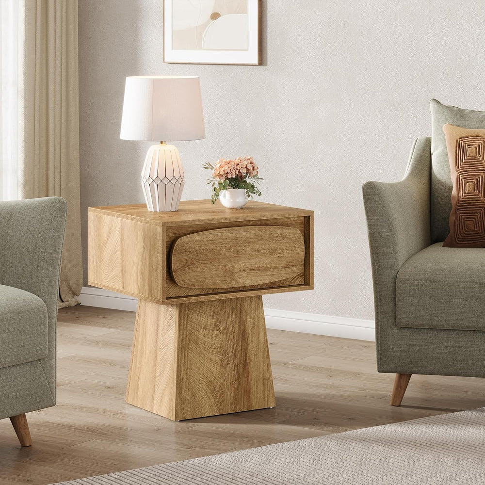 Tribesigns End Table with Storage Drawer, Modern Wooden Side Table with Curve...