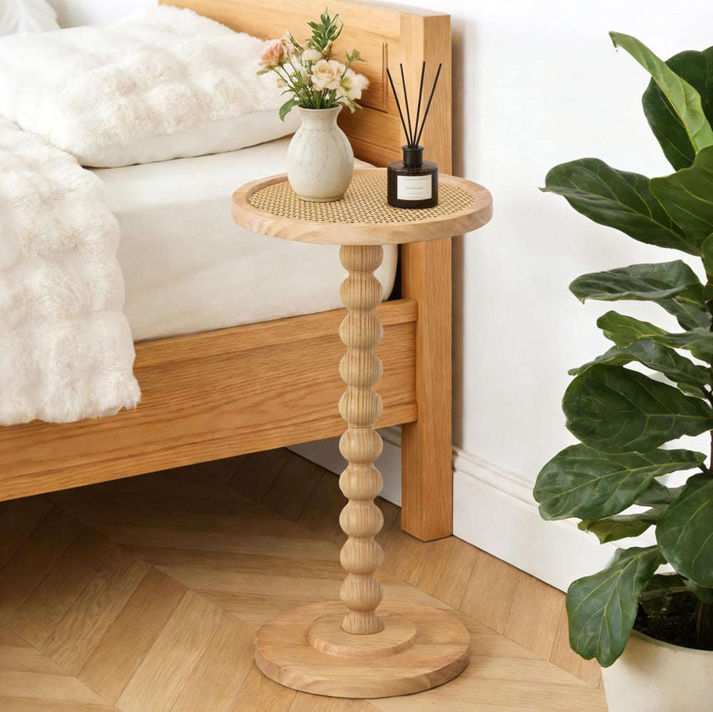 COVLON Solid Wood Drink Table, Small Pedestal Side Table for Small Spaces, Ro...