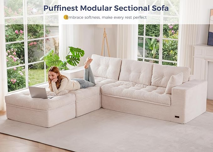 MAXYOYO 104" U Shaped Modular Sectional Sofa with 2 Ottomans, Cloud Boneless Couch with Layered Cushion, Flexible Module Combination Sofa for Living Room, No Assembly Required, Beige