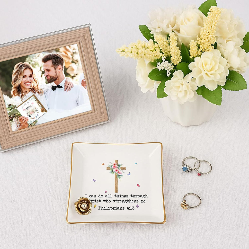 Inspirational Bible Verse Jewelry Dish,4" Ceramic Jewelry Tray Christian Gifts for Women, Religious Gifts for Mom, Daughter, Sister, Friends - Birthday, Confirmation, Catholic Gift for Her, Teen Girls