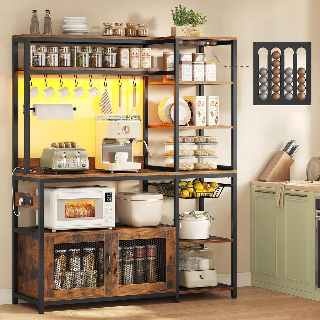 47.2 in Bakers Rack with Power Outlet & LED Light, Coffee Bar with Coffee Pod Holder for Vetuo, Kitchen Microwave Stand with Storage Shelves, Paper Holder, Cabinet, Wire Basket, 8 Hooks (Rustic Brown)