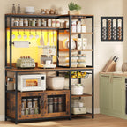 47.2 in Bakers Rack with Power Outlet & LED Light, Coffee Bar with Coffee Pod Holder for Vetuo, Kitchen Microwave Stand with Storage Shelves, Paper Holder, Cabinet, Wire Basket, 8 Hooks (Rustic Brown)