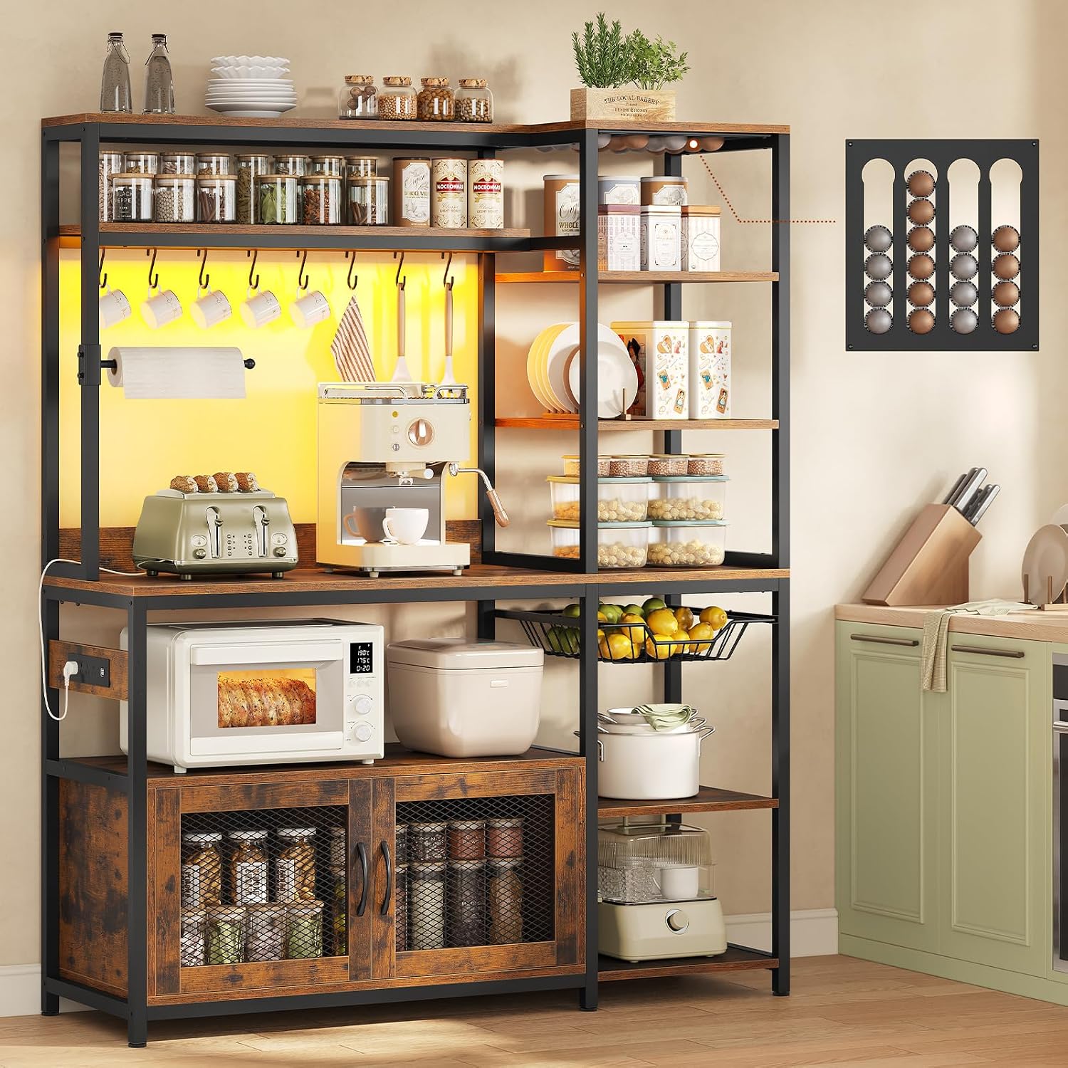47.2 in Bakers Rack with Power Outlet & LED Light, Coffee Bar with Coffee Pod Holder for Vetuo, Kitchen Microwave Stand with Storage Shelves, Paper Holder, Cabinet, Wire Basket, 8 Hooks (Rustic Brown)