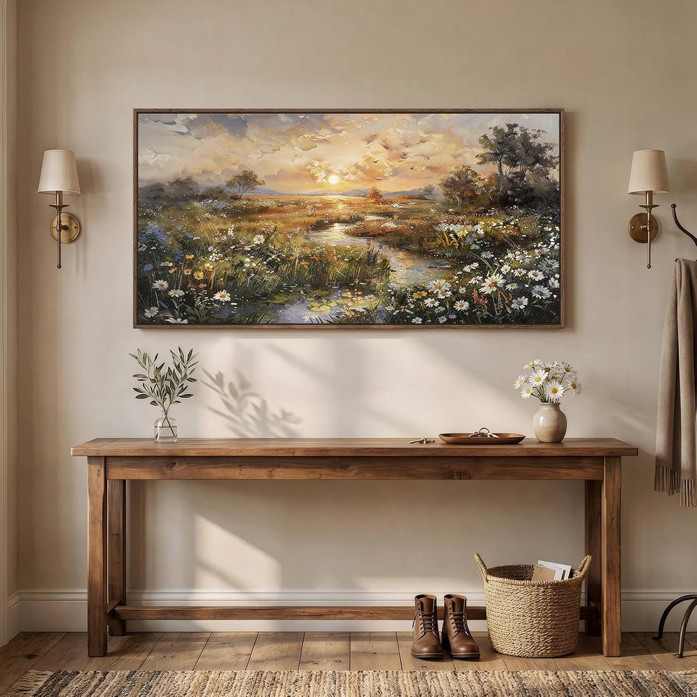 Large Framed Vintage Sunset Landscape Wall Art for Living Room, 60x30 Inch