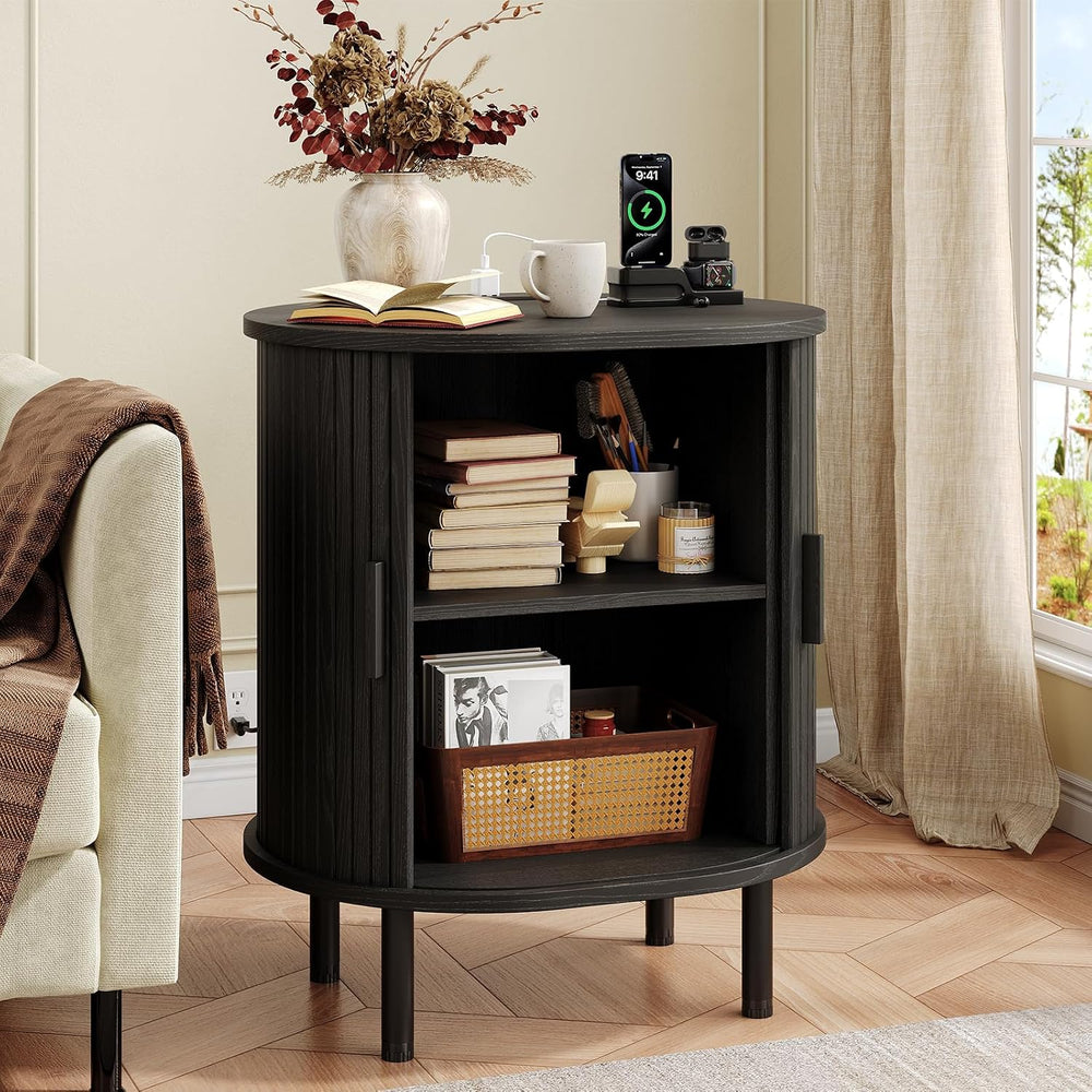 Oval End Table with Charging Station & Sliding Door, Mid-Century Modern S...