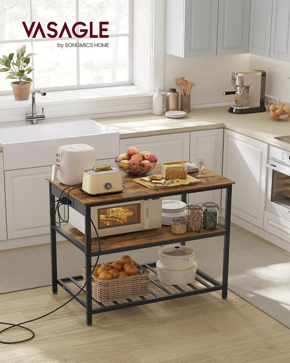 VASAGLE Kitchen Island with 3 Shelves, Storage Cabinet, Steel Structure | Kit...