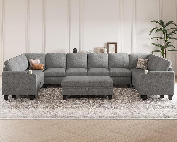 Belffin Oversized U Shaped Modular Sectional Couches for Living Room 10 Seater Modular Sofa Set with Storage Ottoman Large Sectional Couch with Cup Holder. Light Grey Sofa