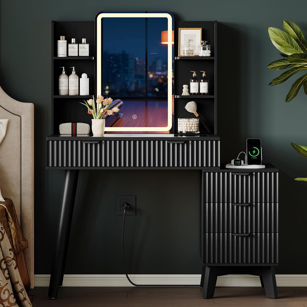 Vanity Desk With HD Lighted Mirror and Lights, Fluted Small Makeup Vanity wit...