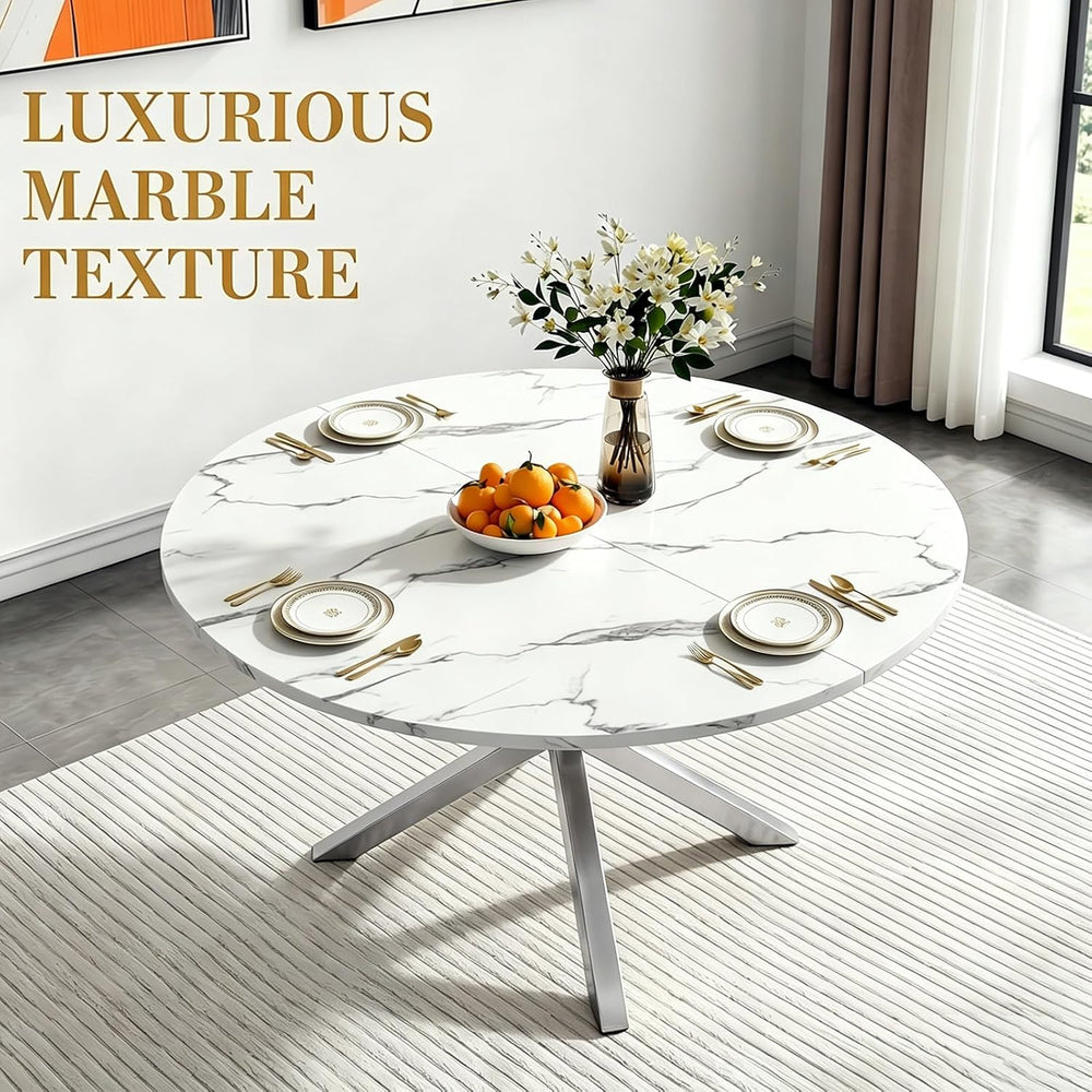 47" Round Faux Marble Dining Table for 4-6, Modern White Marble Top Kitc...