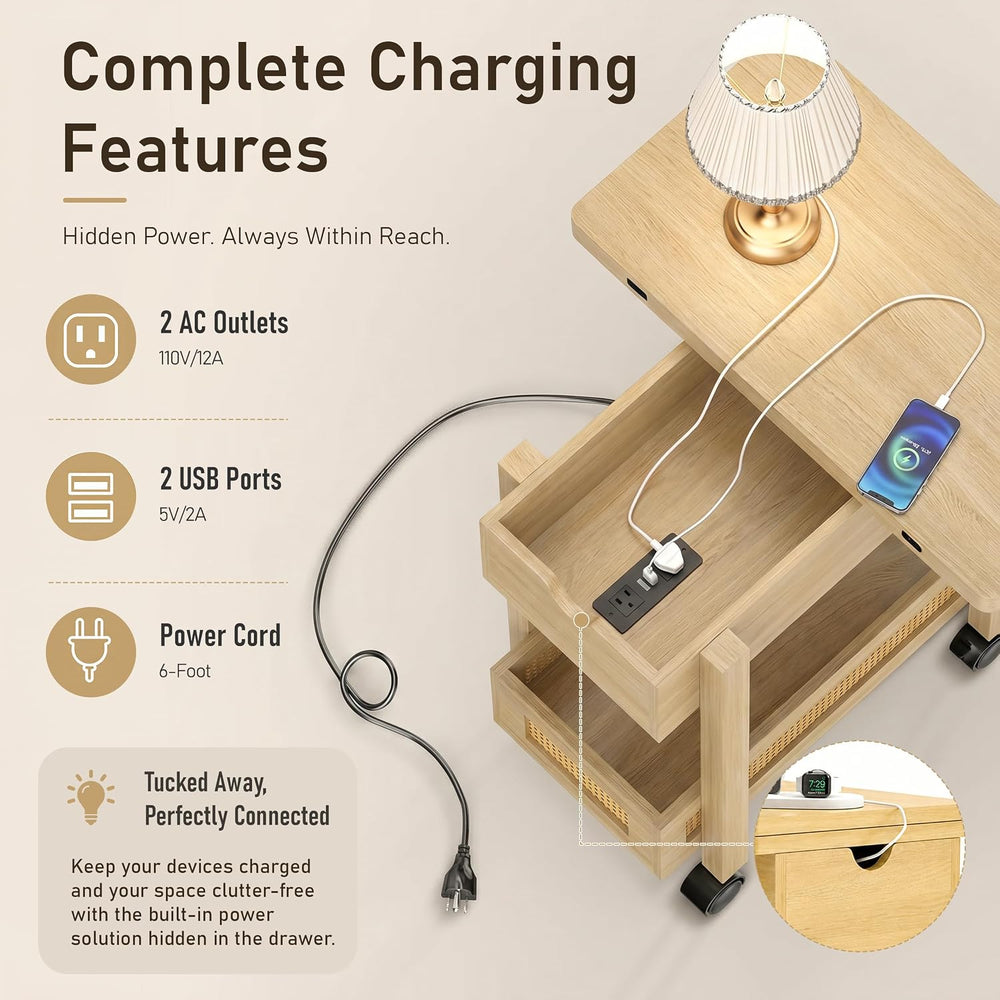 YOSHOOT Narrow End Table with Charging Station, Small Bedside Table