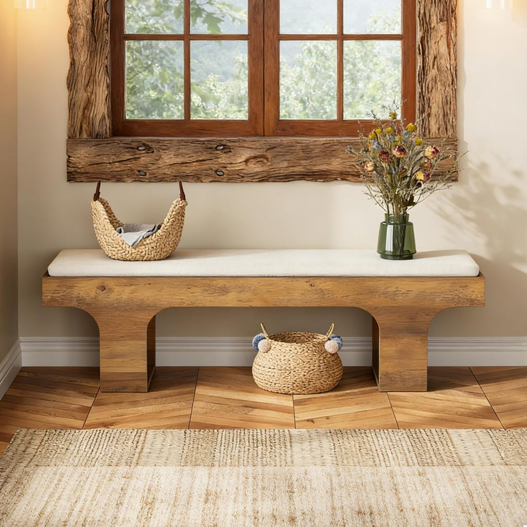 LITTLE TREE 55.2" Dining Bench with Linen Cushion, End of Bed Upholstered Bench, Farmhouse Entryway Bench for Hallway, Living Room, Bedroom, Kitchen