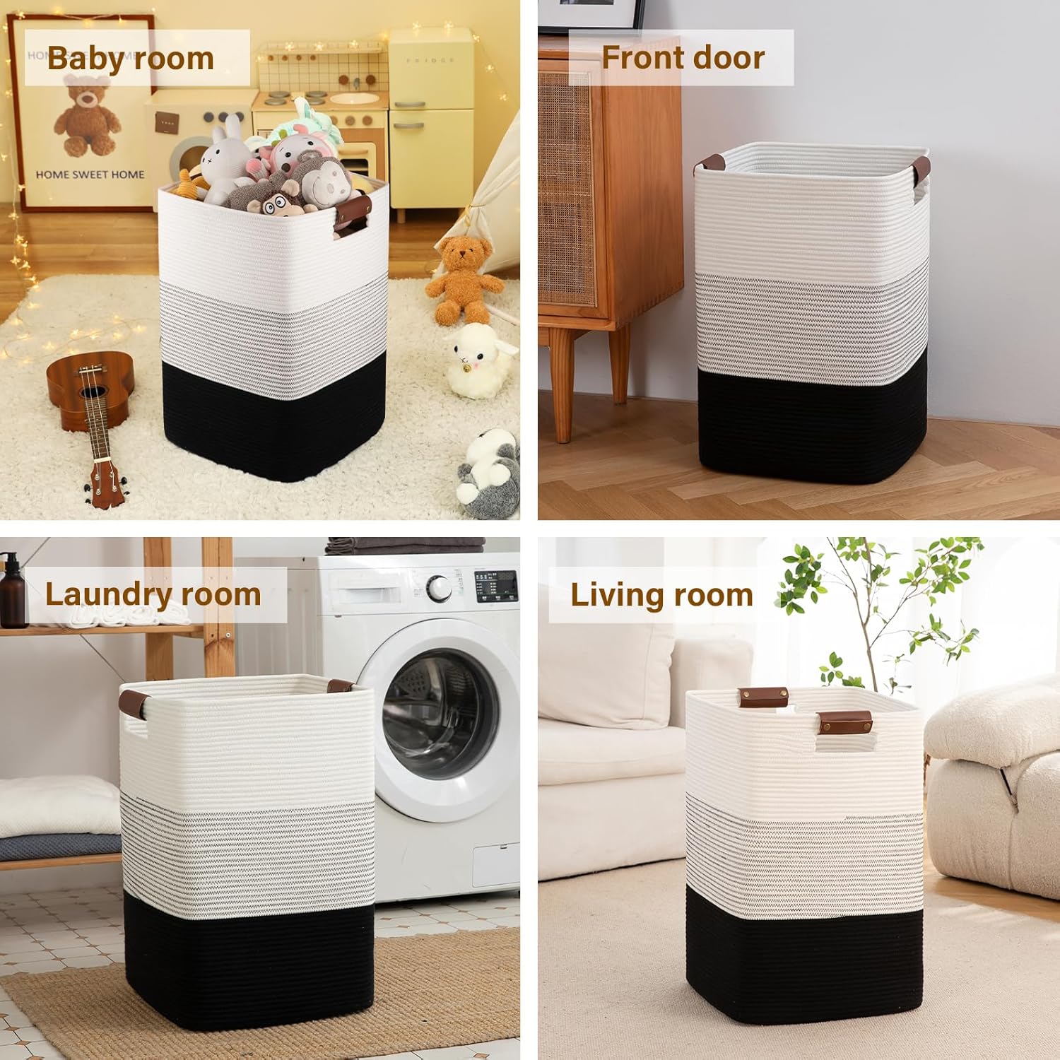 Laundry Hamper 96L Extra Large Laundry Basket, Woven Blanket Basket, Cotton Woven Storage Hamper with Handles for Living Room, Large Baskets for Pillows, Blankets, Clothes-Gradient Black