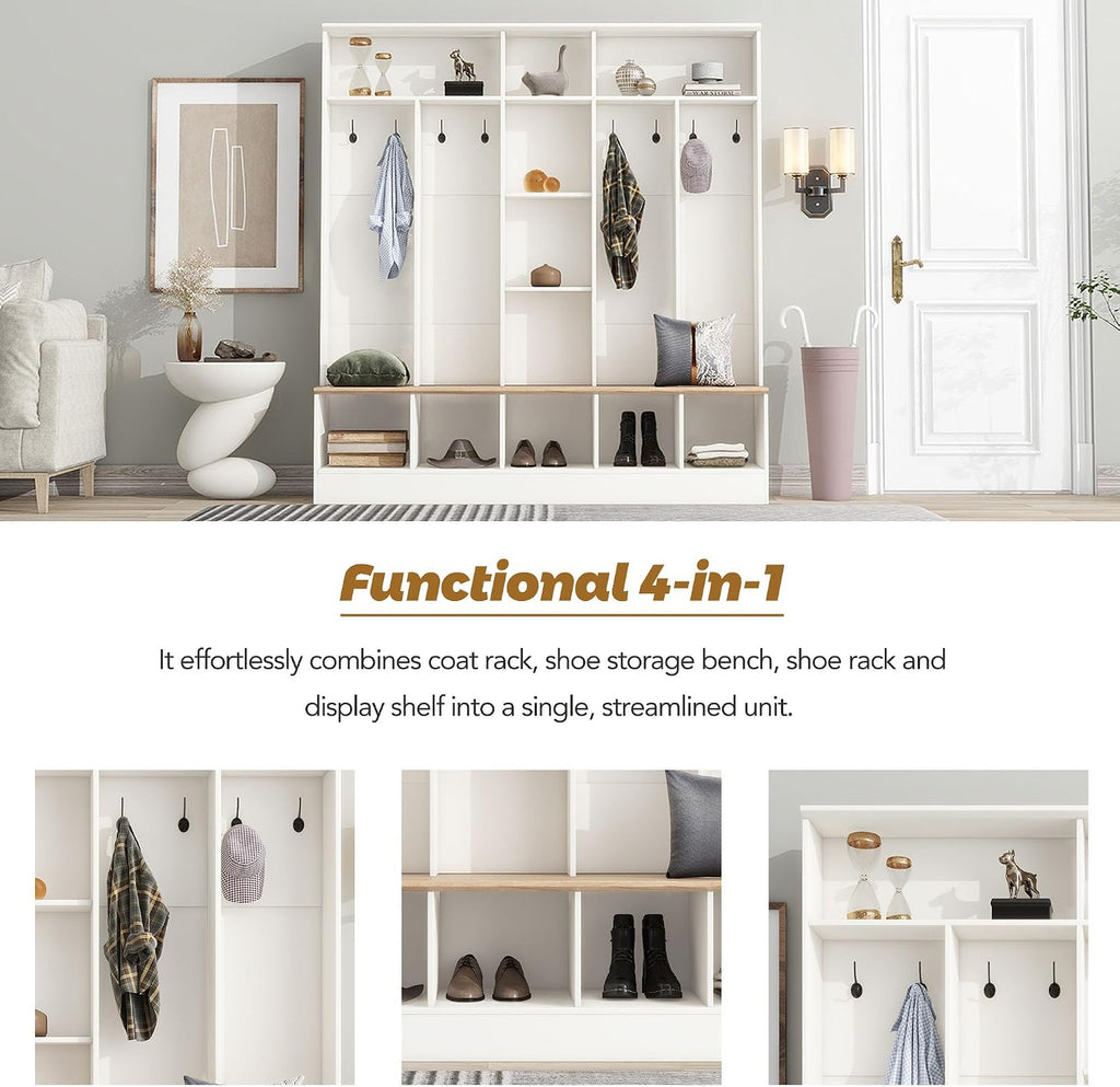 LUMISOL 4-in-1 Hall Tree with Shoe Bench, Cube Storage & Shelves, Wide Entryway Coat Rack with 8 Hooks for Mudroom Living Room, White