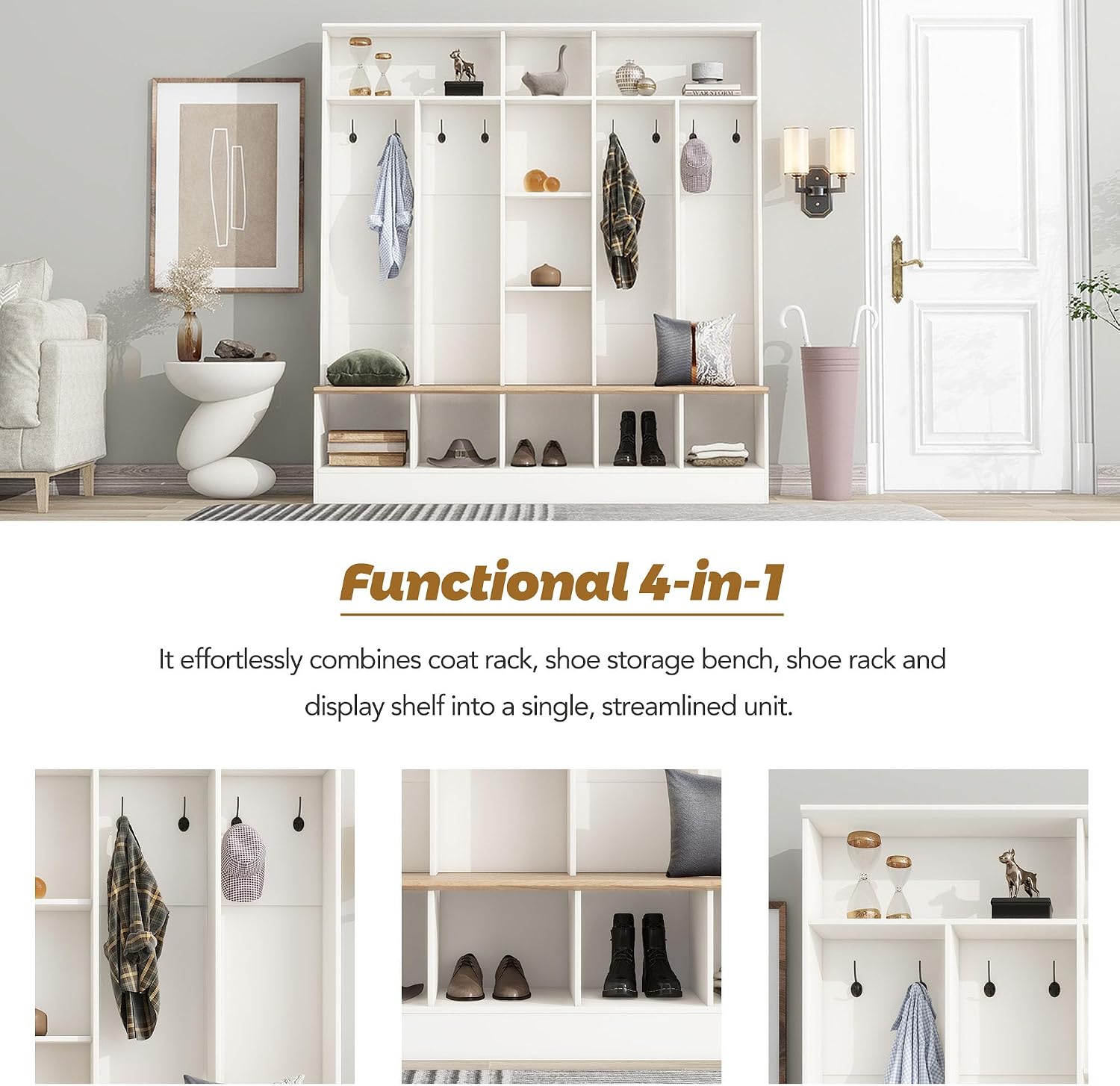 LUMISOL 4-in-1 Hall Tree with Shoe Bench, Cube Storage & Shelves, Wide Entryway Coat Rack with 8 Hooks for Mudroom Living Room, White
