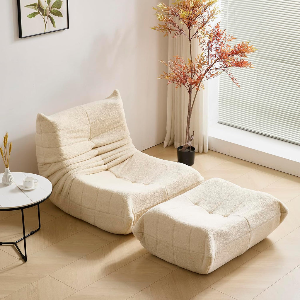 Dineli Bean Bag Chairs for Adults, Beanbag Chair with Ottoman Lounge Sofa Memory Foam Comfy Reading Chair for Bedroom & Living Room, Lazy Floor Sofa Couch (White, with Ottoman)