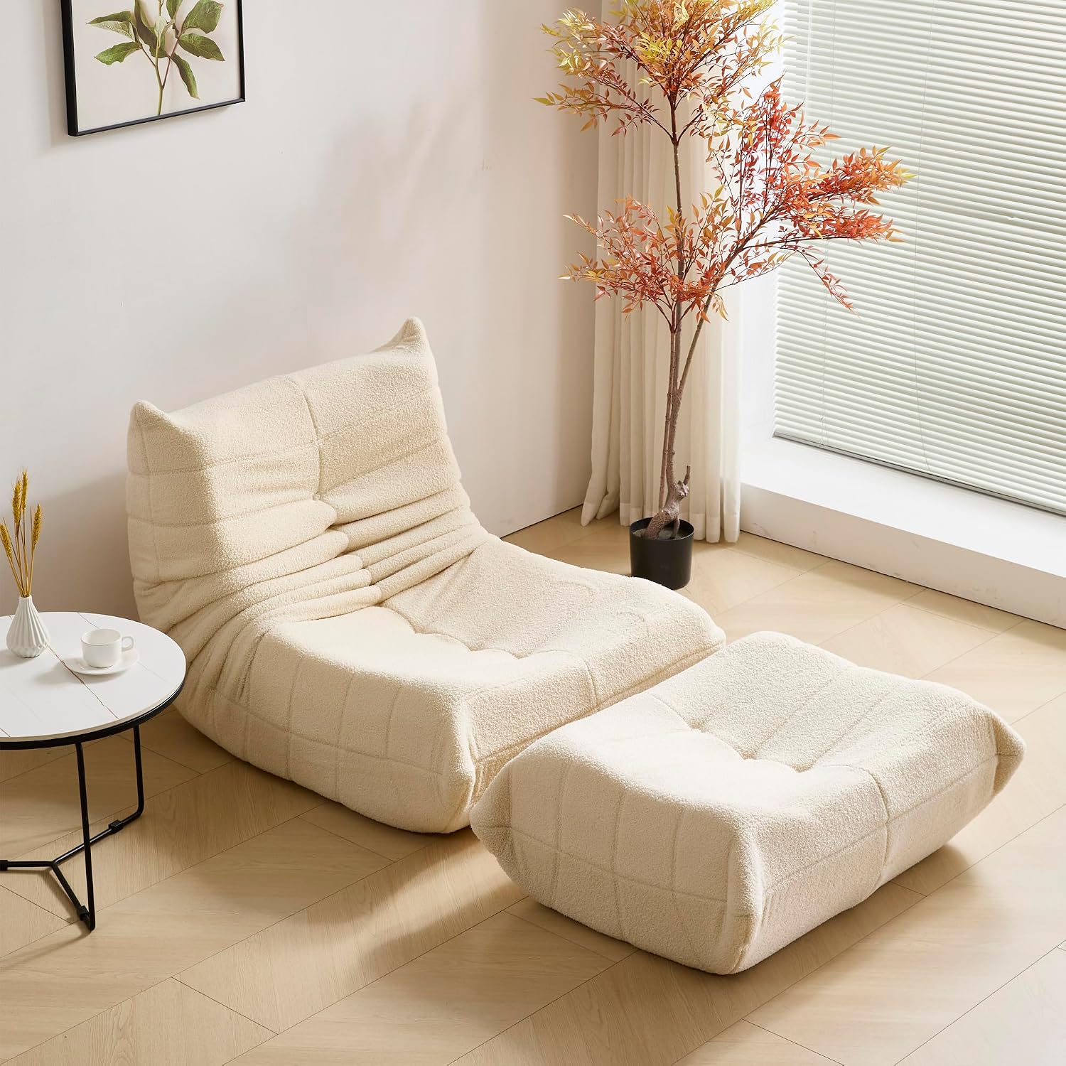 Dineli Bean Bag Chairs for Adults, Beanbag Chair with Ottoman Lounge Sofa Memory Foam Comfy Reading Chair for Bedroom & Living Room, Lazy Floor Sofa Couch (White, with Ottoman)