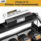 LBT Large Power Tool Organizer Wall Mount with Charging Station, 8 Drill Holder, 4 Layer Heavy Duty Metal Tool Storage Rack, 6 Power Strip, 8 Hooks, 2 Screw Boxes, Cool Gifts for Him Fathers Day