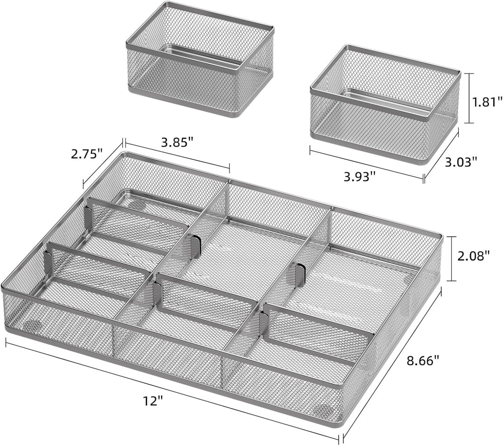 Marbrasse 3 Packs Desk Drawer Organizers, Metal Mesh Dividers with 9 Adjustable Compartments, Pen Organizer for Drawer Tray Box Accessories for Desktop,Kitchen, Makeup(Silver)