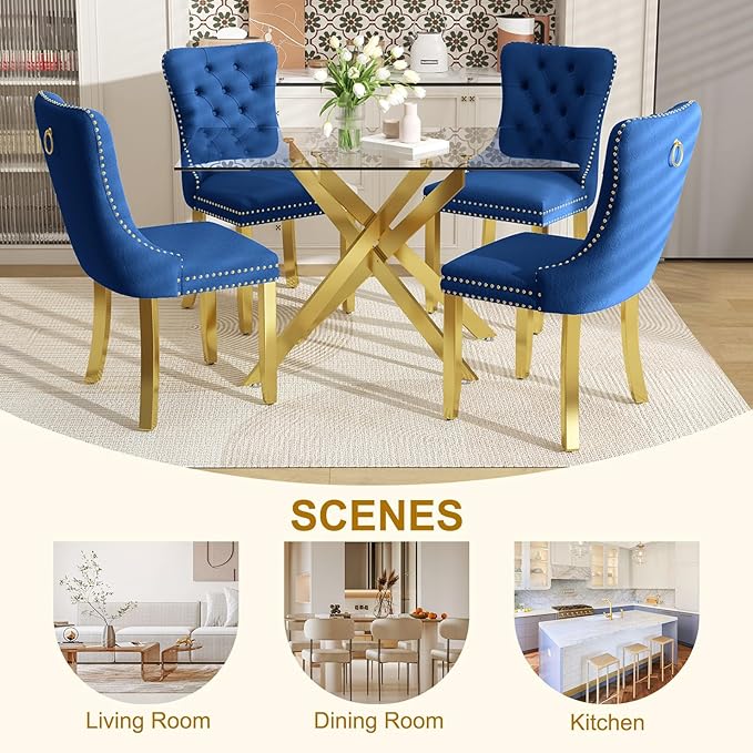 51 Inch Glass Dining Table Set for 4, Rectangular Glass Kitchen Table with 4 Upholstered Velvet Accent Chairs, 5 Piece Modern Dining Room Set, for Home, Apartment, Small Spaces - Blue Gold