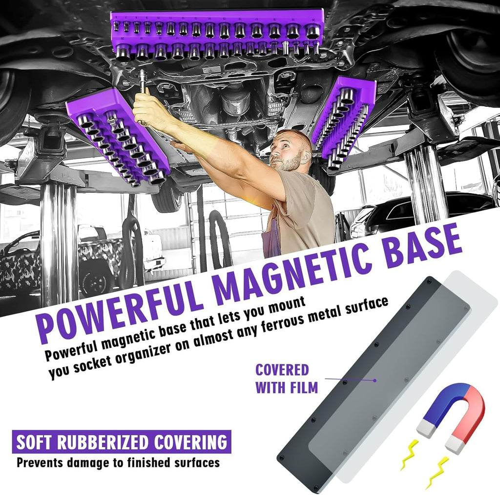 Magnetic Socket Organizer Set, 3-Piece Socket Holder Trays for 1/4" 3/8" 1/2" Drive Sockets, Organizes 68 Metric Sockets, Purple Tool Box Organizer (Sockets Not Included)