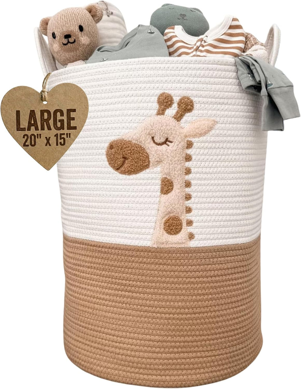 Giraffe Baby Laundry Basket, Tall Woven Rope Nursery Hamper, 20x15 in | Baby Clothes Hamper, Blanket Basket, Toy Storage, Soft Felt Animal Patch, Safari Nursery Decor, Shower Gift, Kids Room