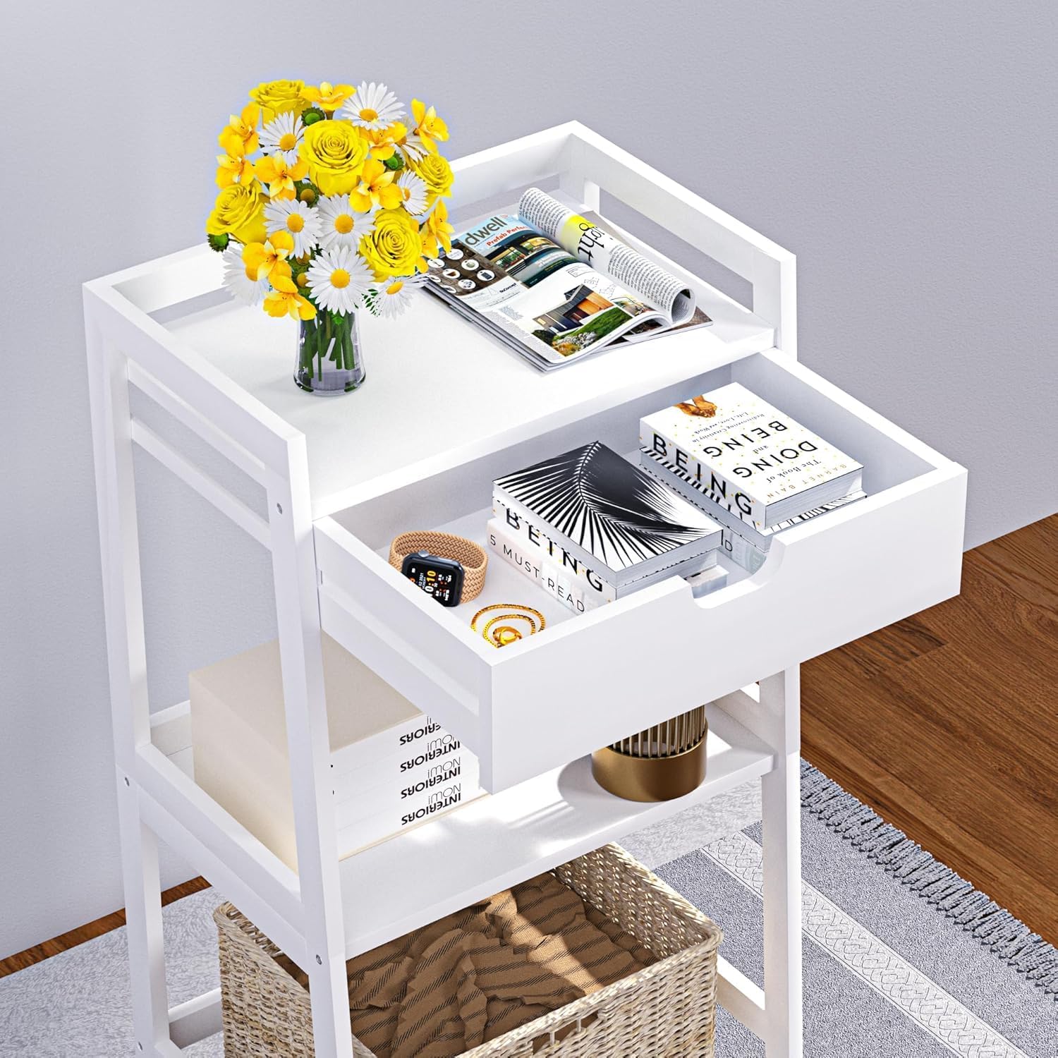 3 Tier Natural Bamboo Ladder Storage Shelf with Pull Out Drawer, Space Saving Freestanding Display Rack 11.8" D x 16.5" W x 31" H for Bathroom Bedroom Kitchen Office