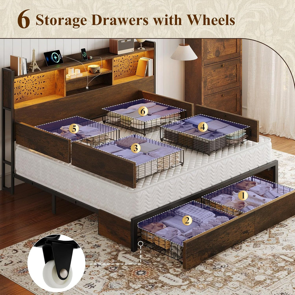 Belffin Queen Bed Frame with 6 Storage Drawers and Carving Headboard
