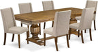 NKFL7-AWA-04-7-Piece Dining Table Set Consists of a Breakfast Table and 6 Light Tan Linen Fabric Dining Chairs with Padded Chair Back - Antique Walnut Finish.