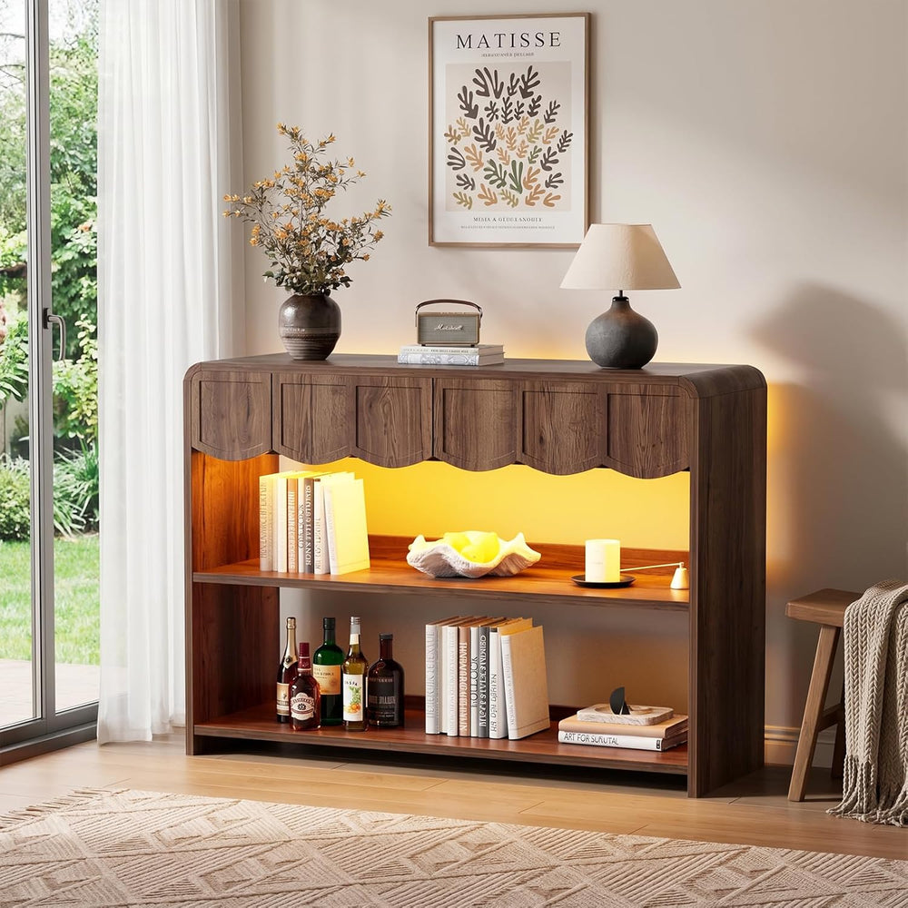 PAKASEPT Retro Entryway Table with RGB LED Lights, 43" Walnut Console Ta...