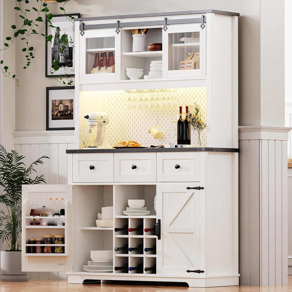 71" White Pantry Cabinet with Coffee Bar Farmhouse Kitchen Hutch Cabinet...