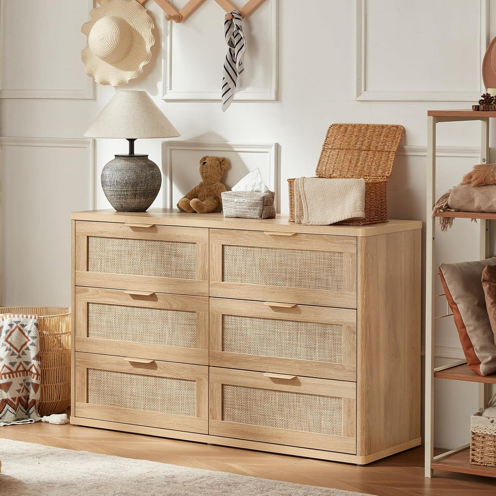 LEYAOYAO Rattan Dresser for Bedroom Set of 2, Boho 48" Wide 6 Drawer Dresser Chest of Drawers, Natural Wood Dressers TV Stand with Metal Handle, Storage Dressers Organizer for Living Room, Hallway
