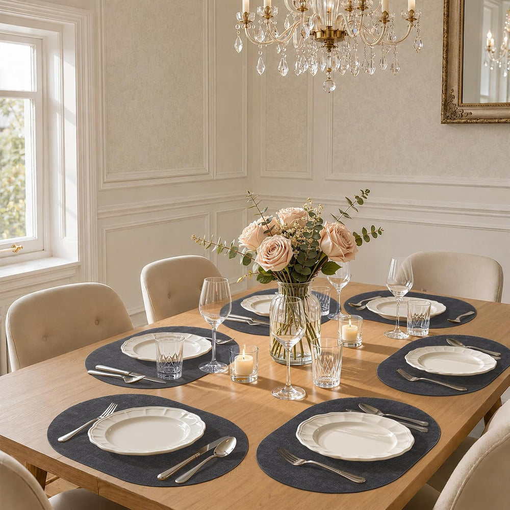 Homaxy Oval Faux Leather Placemats Set of 6, Easy to Clean, Dark Grey