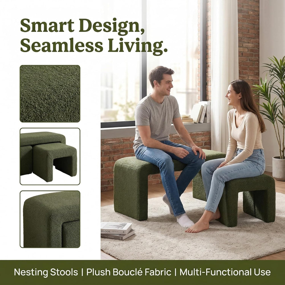 LukeAlon 3-Piece Nesting Ottoman Bench Set, 40.5" Wide Upholstered End o...