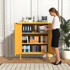 Wide Multipurpose Metal Storage Cabinet with Lockable Design & 2 Adjustable Partitions, Thickened Steel & Sturdy Construction for Home, Living Room & Office Yellow 33" H X 29.5" W X 13.8" D