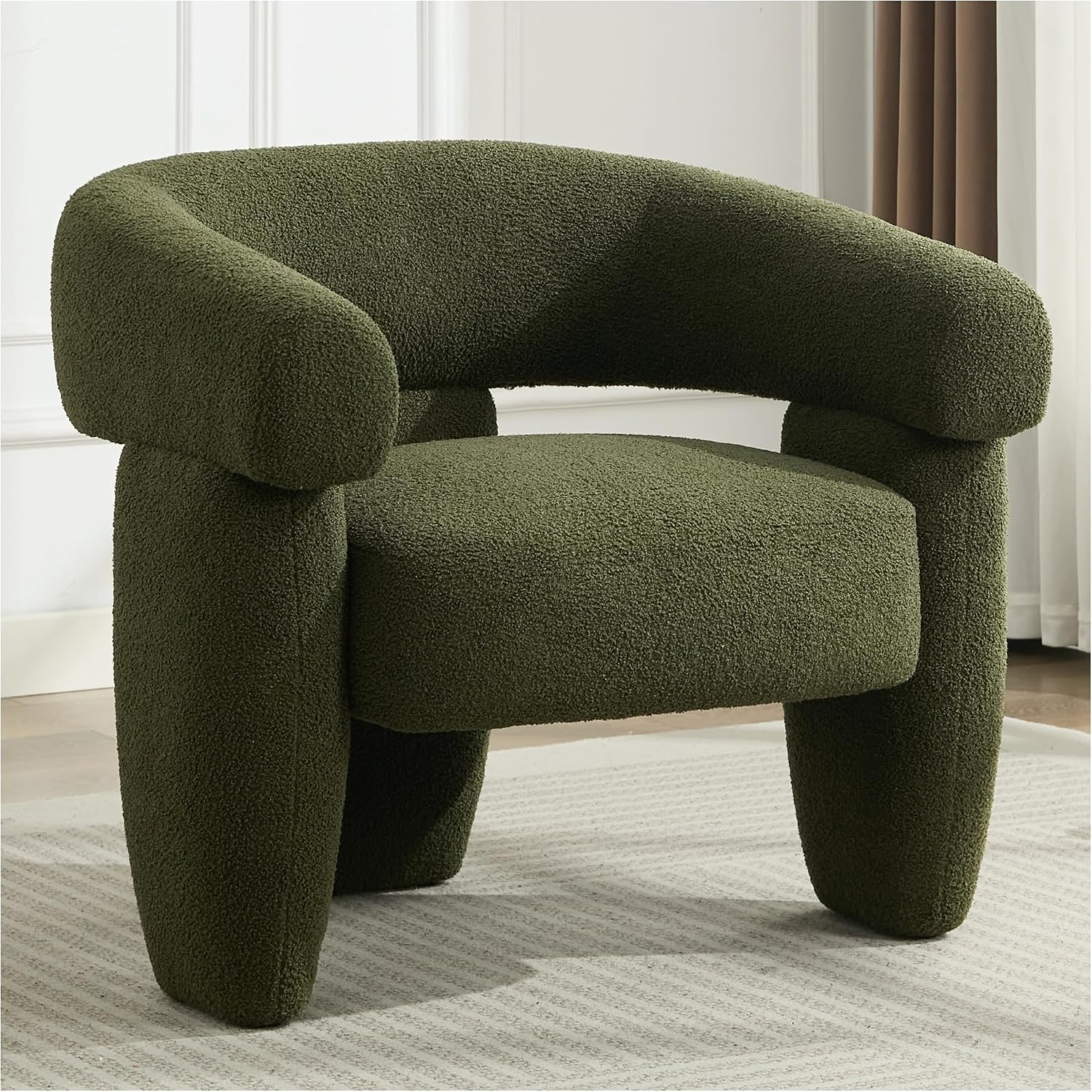 Sherpa Boucle Barrel Accent Chair, Round Armchair, Sherpa Green | Mid Century Sherpa Boucle Accent Chair, Comfy Upholstered Round Armchair with Curved Back for Living Room & Bedroom