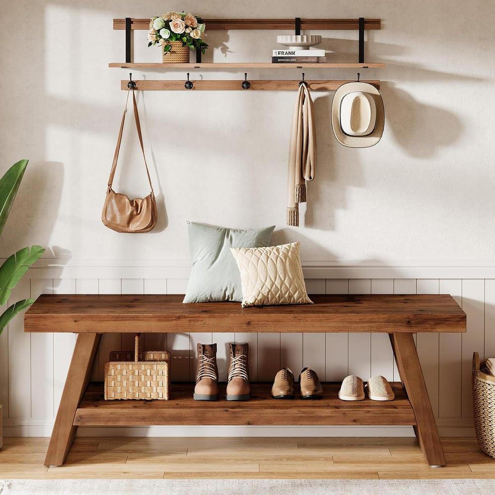 Solid Wood Entryway Bench, 2-Tier Wooden Storage Bench, Farmhouse Indoor Shoe...