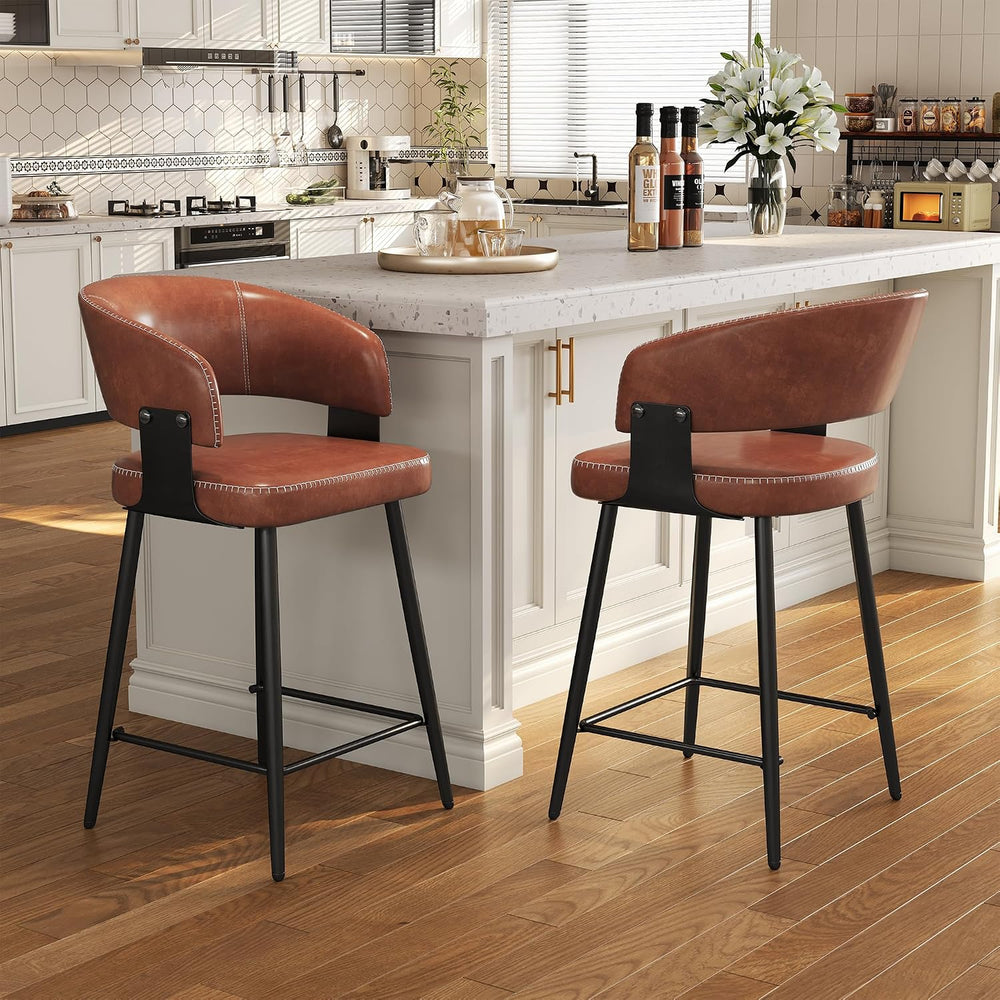26" Counter Height Bar Chairs Set of 2, Padded Island Chairs, Brown