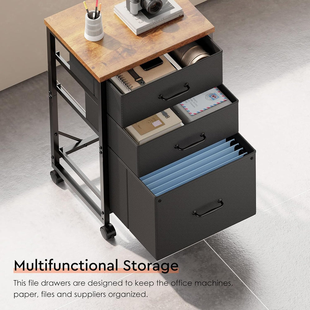 Maihail 3 Drawer File Cabinet with Wheels with Open Storage Shelf, Rustic Brown