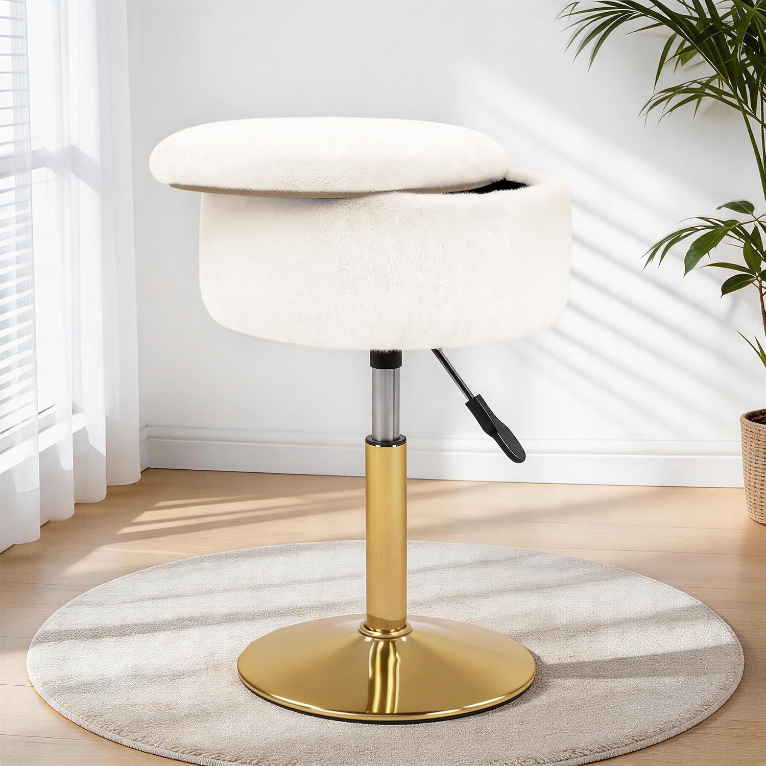LITZFUR Gold Vanity Stool with Storage, Swivel Vanity Chair, White | Height Adjustable Makeup Stool, Faux Fur Small Round Ottoman Footrest for Bathroom, Bedroom