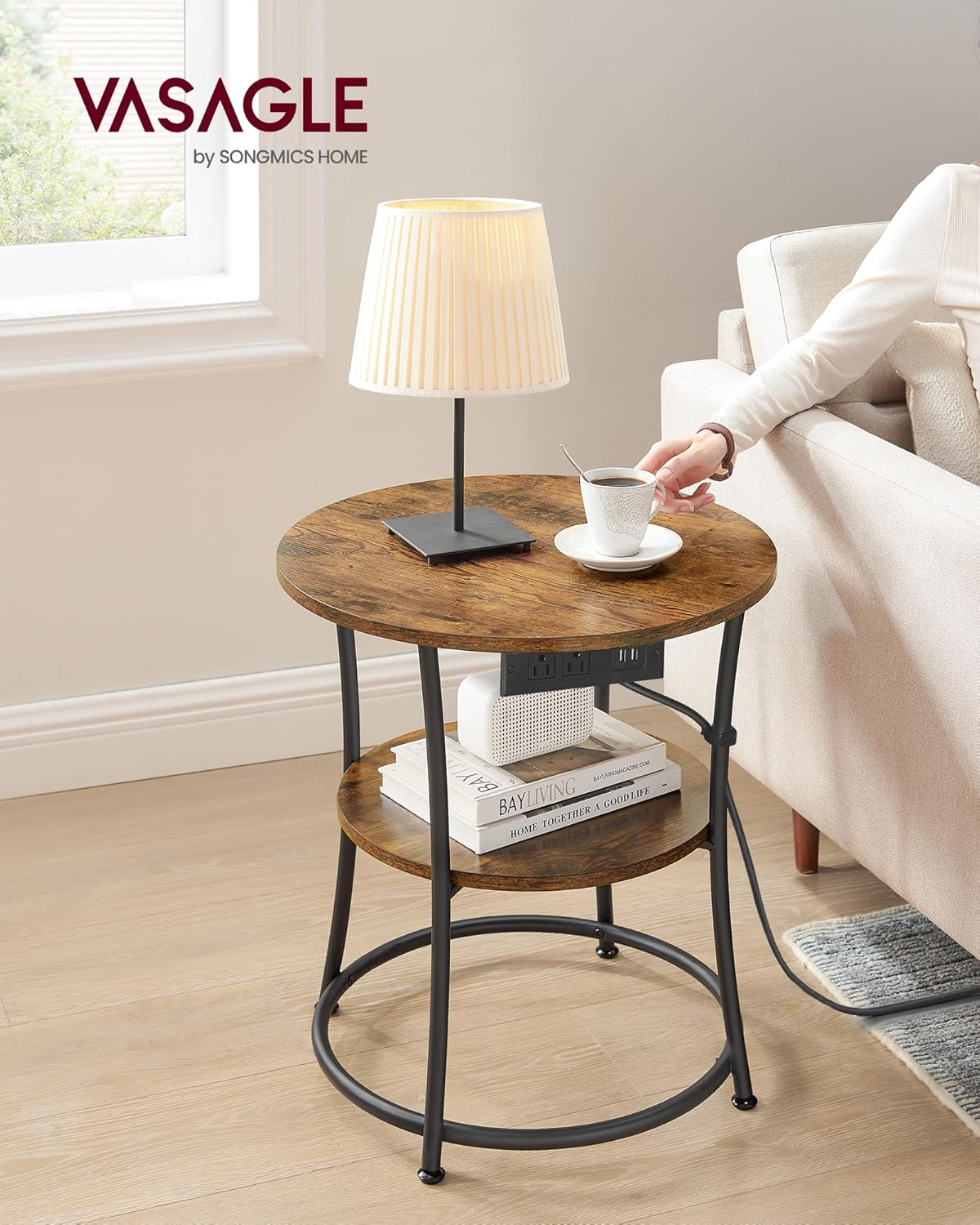 VASAGLE 21.7-Inch Round Side Table, 2-Tier End Table | Nightstand with Steel Frame, Spacious Top, for Small Spaces, Living Room, Bedroom, Rustic Brown and Ink Black ULET077K01
