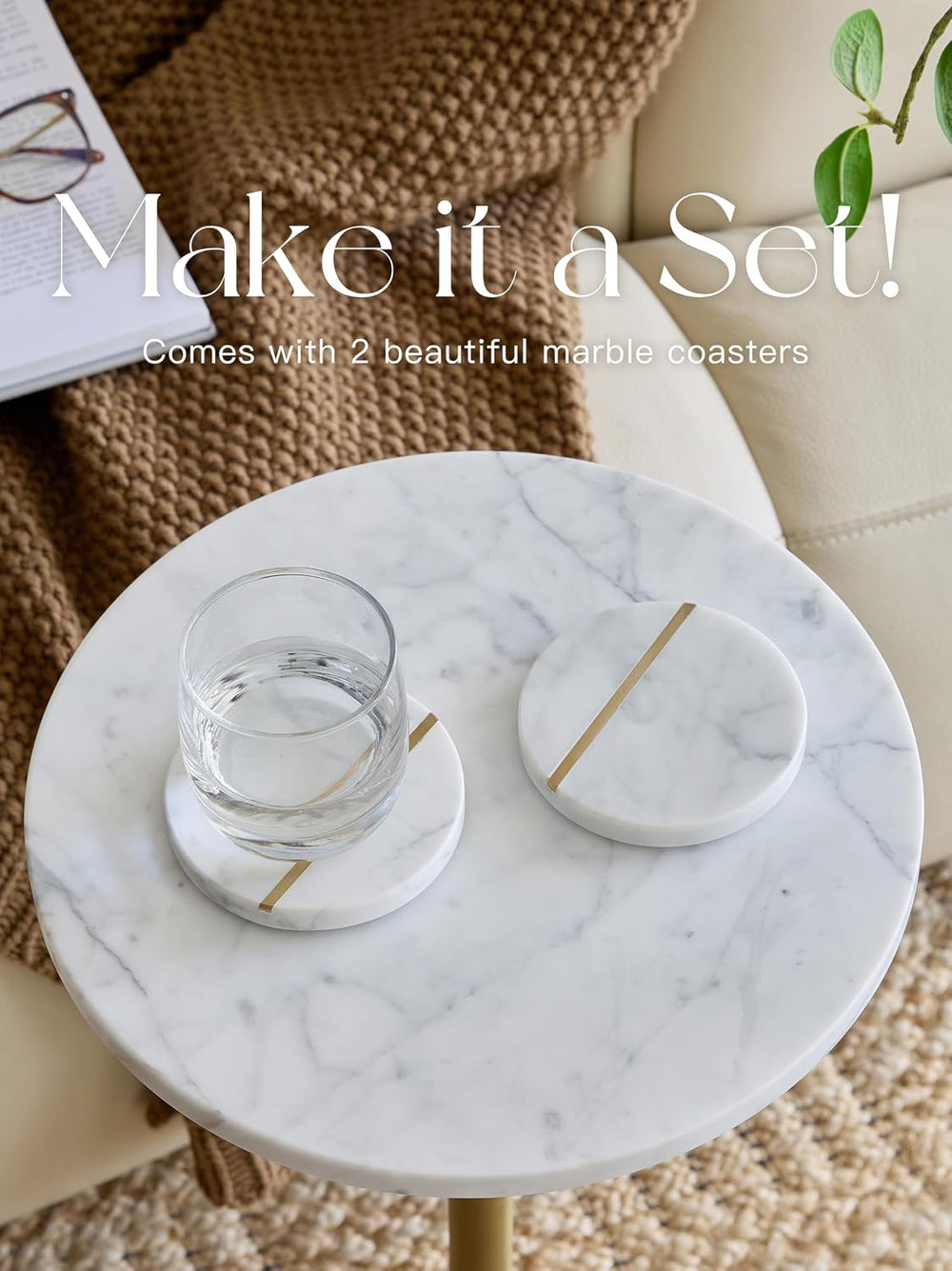 Adjustable 12" White Marble Drink Table with 2 Coasters, Antique Brass⁠ ...