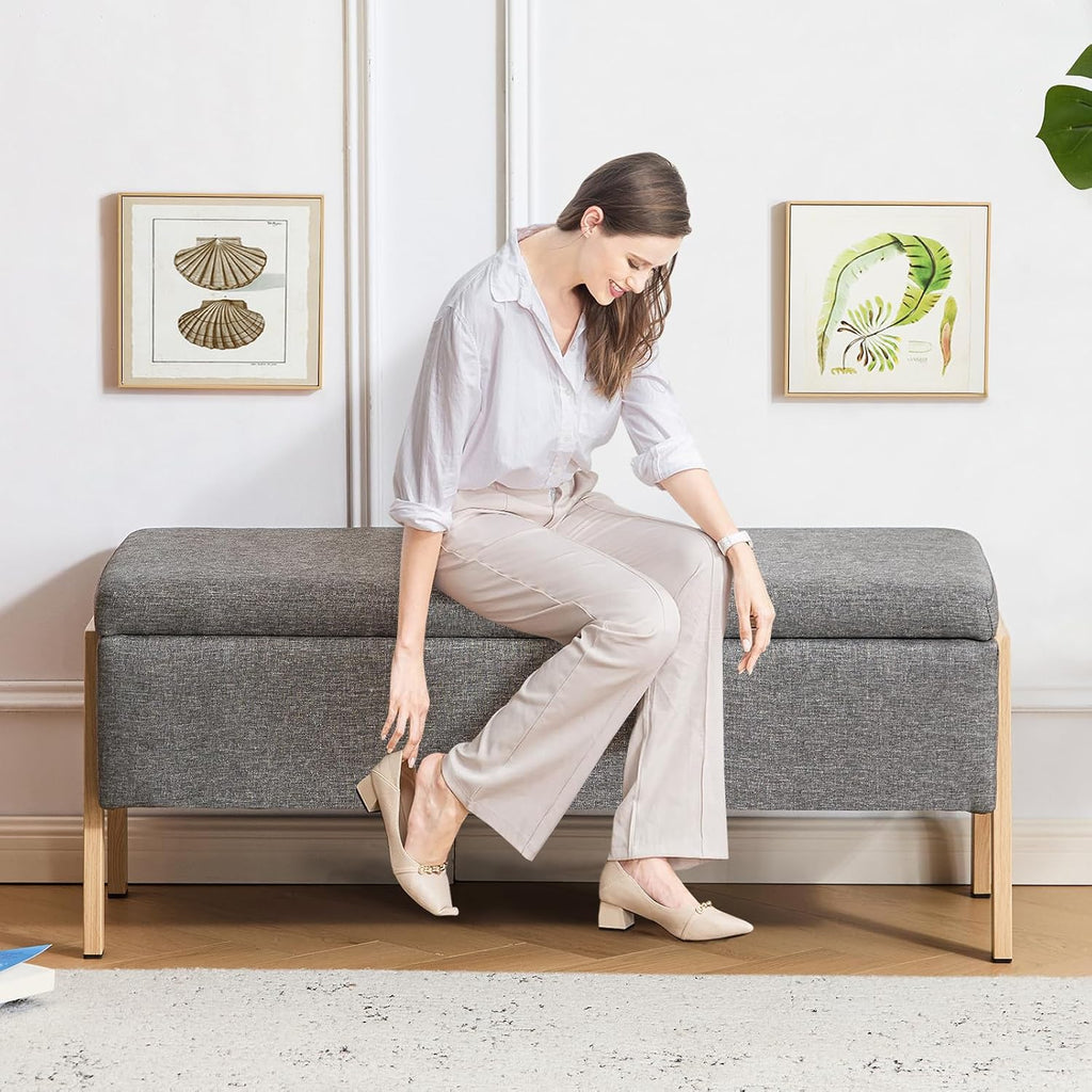 Furniliving Storage Bench for Bedroom, Modern End of Bed Storage Ottoman Bench, Upholstered Linen Ottoman Bench with Metal Legs, Folding Bedroom Bench for Living Room, Entryway, Grey